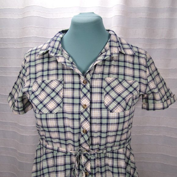 She + Sky Mint Green and Navy Blue Plaid Shirtdress - L - Picture 2 of 7